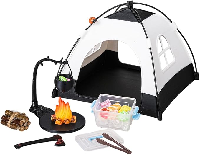 1/12 Scale Mini Realistic Camping and Picnic Model Set, Food-Play Props, Prentend-Play Accessory Set (Black Tent + Light + Ladybug + Picnic Food Items/Light-Up)