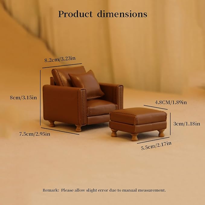 Funky Mini House Miniature Dollhouse Leather Sofa Set, 1:12 Scale Single Couch with Footstool & Pillow for Living Room Gift for Dollhouse Enthusiasts, Collectors & DIY Craft Lovers (Brown)