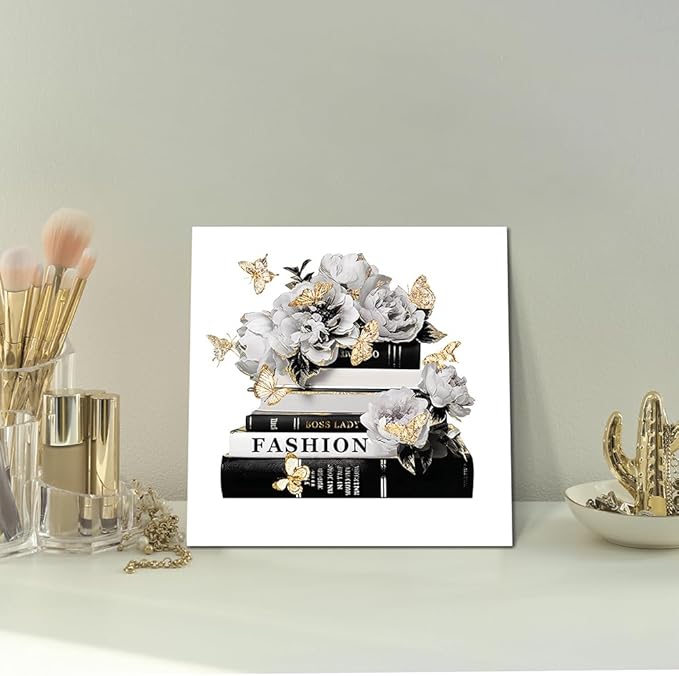 Dream Land Fashion Books Flower Wall Art: Black White Book Stack Picture 12"x12" Glam Gold Foils Butterfly Canvas Prints