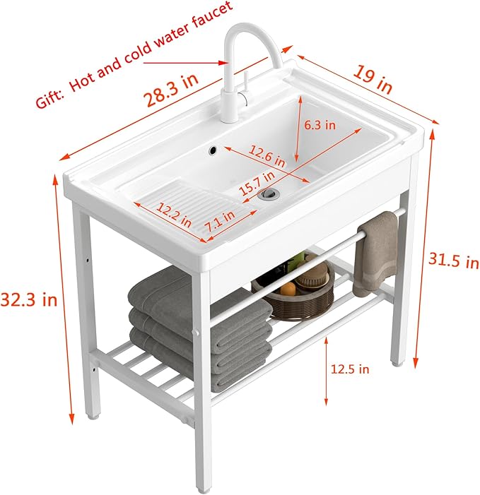 GGW Freestanding Laundry Sink, Ceramic Utility Sink with Washboard and Faucet, Laundry Tub for Laundry Room, Garage, Basement, Outdoor and Indoor, 28.3"W x 19"D x 32.3"H, White