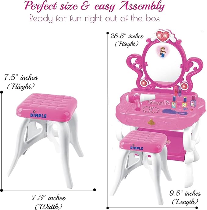 DIMPLE 2-in-1 Musical Piano Vanity Set Girls Toy Makeup Accessories Working Piano, Flashing Lights, Big Mirror, Pretend Cosmetics, Hair Dryer, Princess Image Appears in Mirror(7 AA Batteries Included)