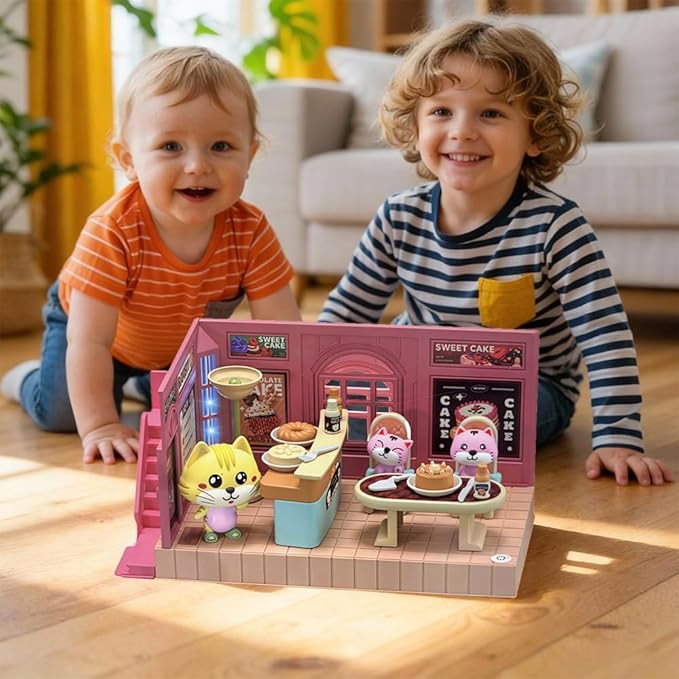 Koko's Cat Town DIY Miniature House Kit,Tiny House Cake Shop Building Kit,Dollhouse for 3 and up, Dollhouse Building Kit with Cats,Cat Toys Gift for Teens Kids Ages 3+