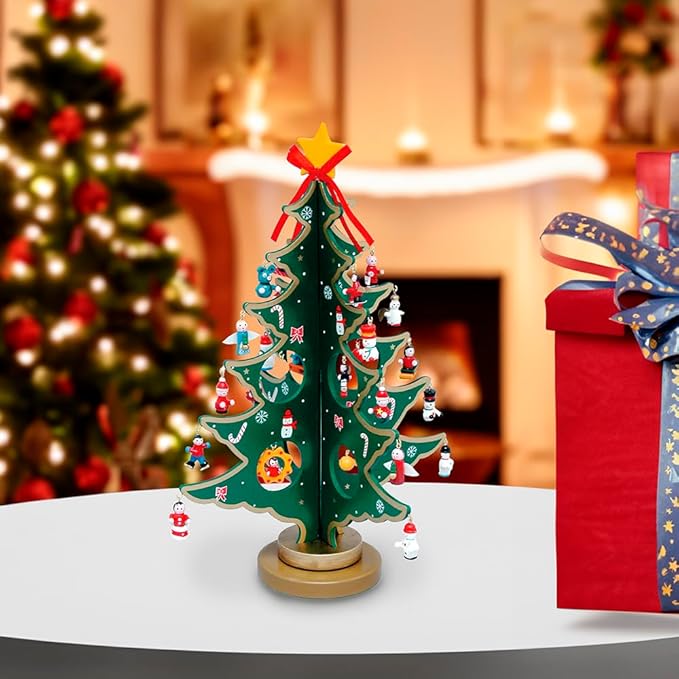 Kurt Adler Advent Calendar Christmas Tree with 24 Miniature Wooden Ornaments, Multi Color 11.75in.