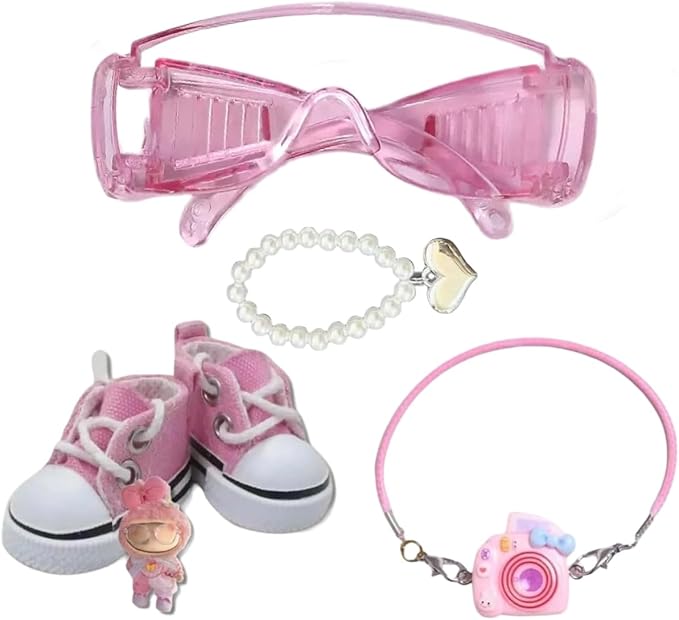 Doll Accessories Set for Labubu Included Mini Pink Glasses, Camera and Cute Pink Shoes, Dress Up Accessories for 15/17cm Dolls(No Clothes)