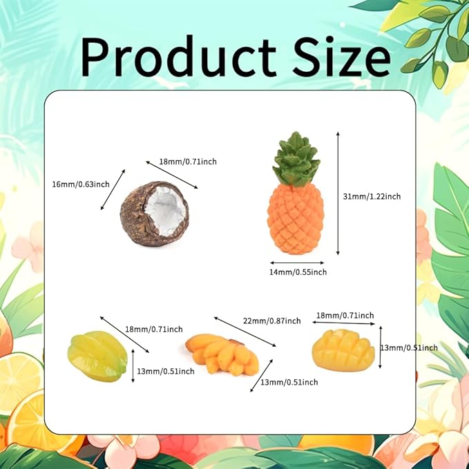 Mini Fake Fruit 30PCS, Artificial Tropical Fruit Resin Fruit Models Miniature Banana Mango Pineapple Starfruit Coconut for Mini Kitchen Scene House Store Display Decoration
