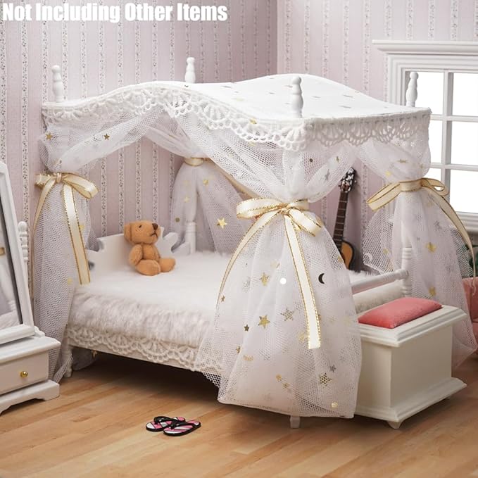 Odoria Dollhouse Princess Bed Miniature: 1/12 Scale Queen Bed Fluffy for 6 inch Dolls Bedroom - Mini Bedding Furniture with Luxury Canopy White