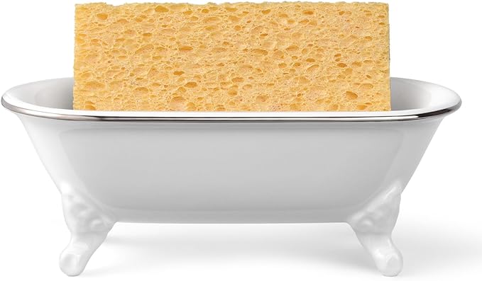 NEWHENGS 6.5" Ceramic Mini Decorative Clawfoot Bathtub Bar Soap Dish, Kitchen Sponge Holder and Shower Tray for Bathroom, 1 Pack (White Silver Rim)