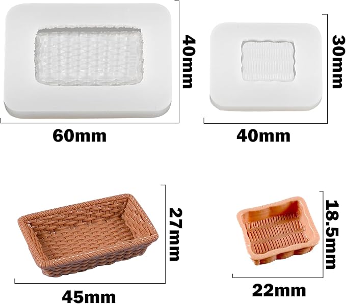 2Pcs Mini Rattan Tray Resin Silicone Molds 3D Simulation Basket Epoxy Casting Molds for DIY Micro Resin Dollhouse Fairy Garden Kitchen Miniatures Landscape Tiny Things Decor
