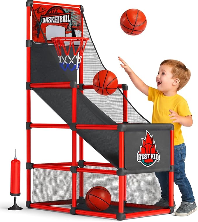 BESTKID BALL Kids Basketball Hoop Single Shot System Arcade Game Set: Indoor & Outdoor Sports Toys for Boys & Girls, Includes Ball, Ideal Party Gifts for Little Athletes Ages 3-9.