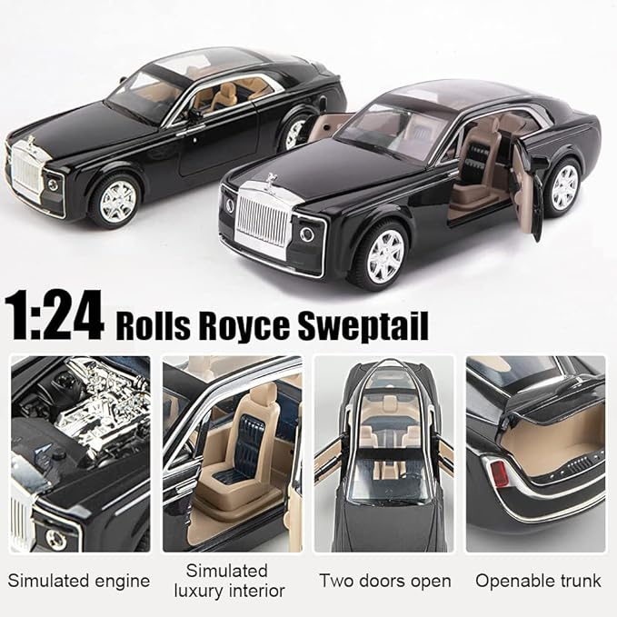 EROCK 1/24 Rolls-Royce Sweptail Toy Car Alloy Diecast Collectible Model Car for Kids Gift, Pull Back Toy Car with Sound and Light, Classic Double Door, Car Logo Can be Folded, Sweptail Black