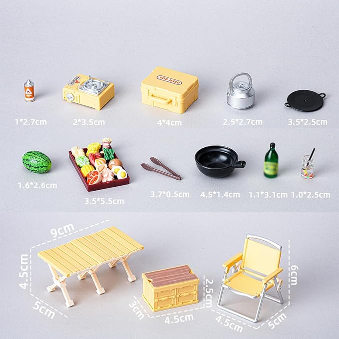1/12 Scale Mini Realistic Camping Picnic Table and Chair Model Set, Dollhouse Food-Play Props, Prentend-Play Accessory Set (3-Color Camping Accessories + Food Items)