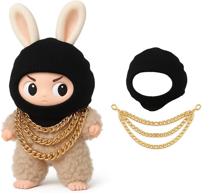 2026 New 17cm Doll Fashion Clothes Set: Black Head Cover, Three-Layer Gold Necklace - Funny Outfits & Accessories for Unique Style (Doll Not Included)