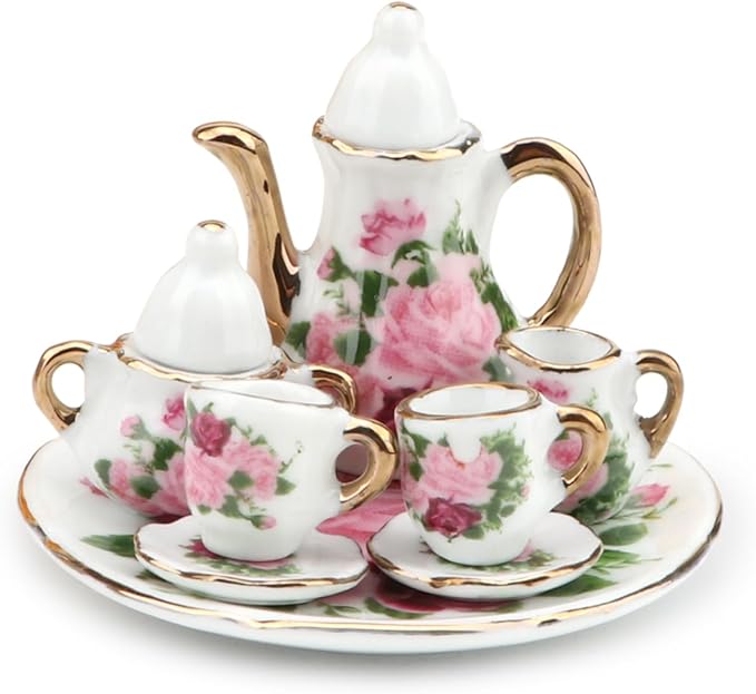 Dollhouse 1:6 Porcelain Tea Cup Sets 8 Pcs Set Miniature Ceramics Dollhouse Accessories Flower Pattern Teapot Platter Dish Sets Dollhouse Kitchen Supplies Decoration (Big Rose)