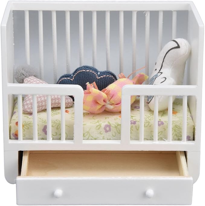 1/12 Miniature Wooden Crib & Cradle Bed - Baby Doll Nursery Furniture Accessories - DIY Miniature Dollhouse Bed
