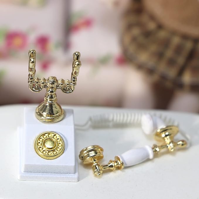 Dollhouse Telephone 1:12 Miniature Vintage Rotary Phone Model Desk Decoration Retro Mini Accessorries for Artificial House Living Room Scene (White)