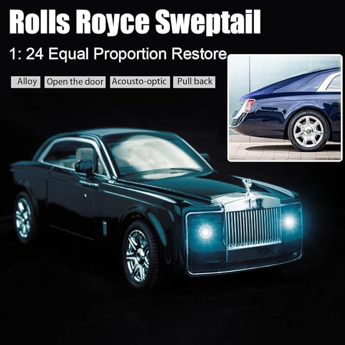 EROCK 1/24 Rolls-Royce Sweptail Toy Car Alloy Diecast Collectible Model Car for Kids Gift, Pull Back Toy Car with Sound & Light, Classic Double Door, Car Logo Can be Folded, Sweptail Blue