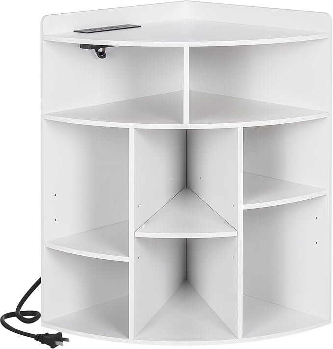 VECELO Corner Cube Shelf with USB Ports & Outlets, Modern Corner Toy Storage Rack with Adjustable Shlef, Wooden Display Bookshelf Bookcase for Living Room, Bedroom, Dining Room, Kitchen, White