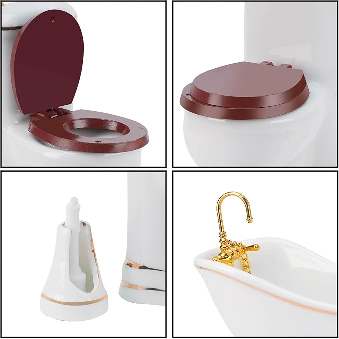Waldosia 1:12 Scale Dollhouse Bathroom Fixtures and Accessories - Bathtub, Pedestal Sink, Working Toilet Tank, Mirror, Brush Holder (5 PCS A Set)