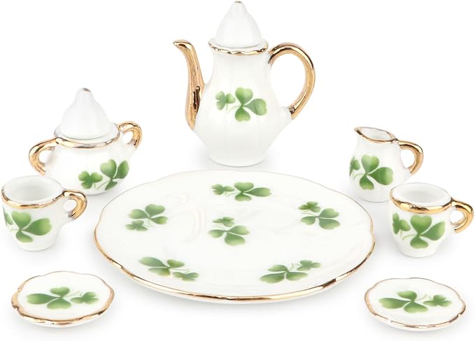 Dollhouse 1:6 Porcelain Tea Cup Sets 8 Pcs Set Miniature Ceramics Dollhouse Accessories Flower Pattern Teapot Platter Dish Sets Dollhouse Kitchen Supplies Decoration (Lucky Clover)