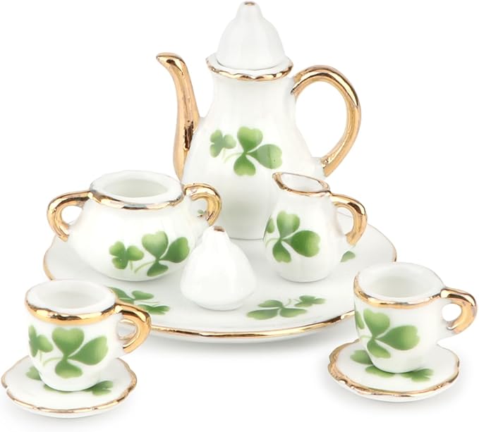 Dollhouse 1:6 Porcelain Tea Cup Sets 8 Pcs Set Miniature Ceramics Dollhouse Accessories Flower Pattern Teapot Platter Dish Sets Dollhouse Kitchen Supplies Decoration (Lucky Clover)