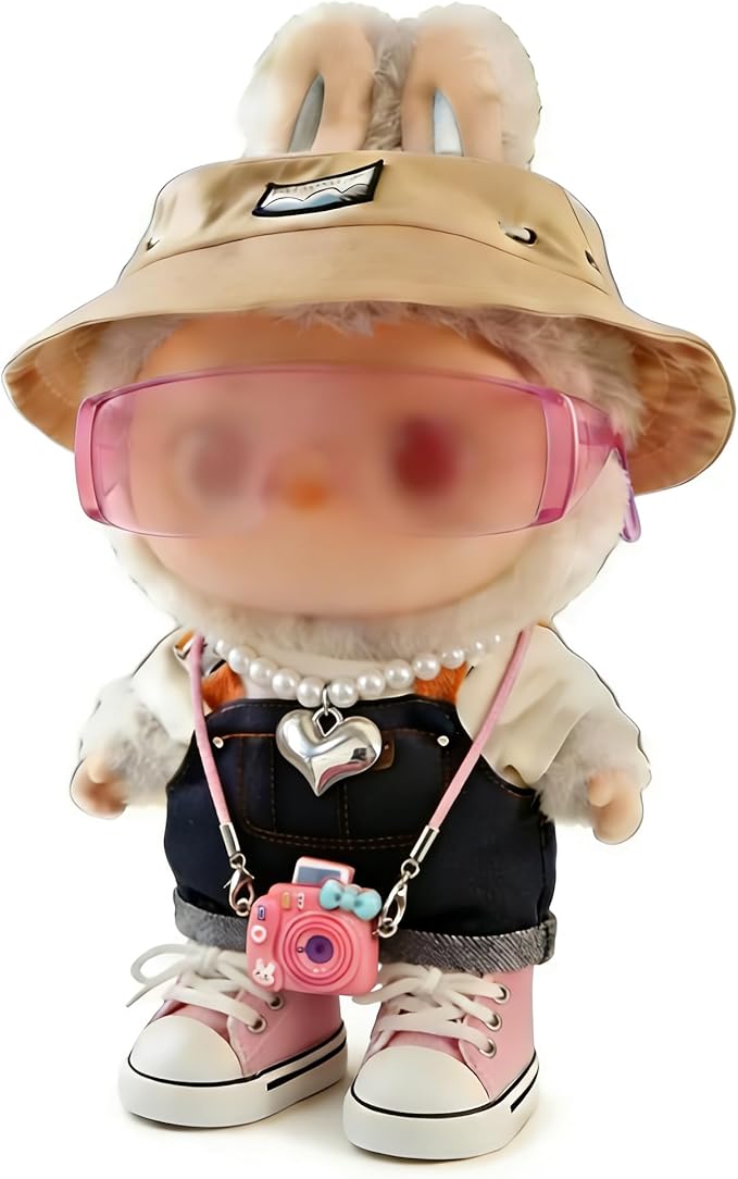 Doll Accessories Set for Labubu Included Mini Pink Glasses, Camera and Cute Pink Shoes, Dress Up Accessories for 15/17cm Dolls(No Clothes)