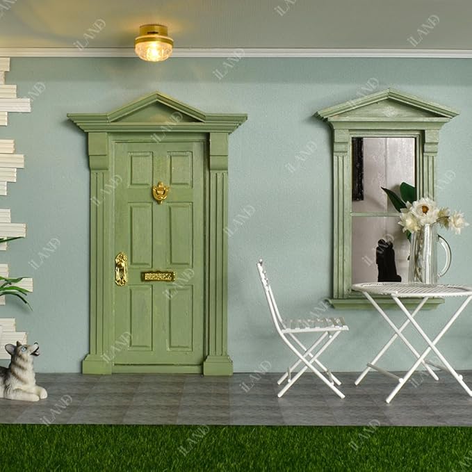 iLAND Classic Wooden Dollhouse Door of 1/12 Scale Accessories, Dollhouse Building Supplies Set of Miniature Door with Trim, Handle & Knocker, Colorable and Realistic for Modern and Antique Doll House