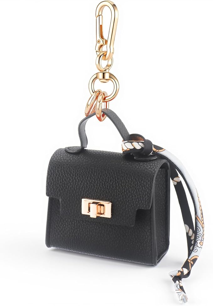 FENHIN Mini Backpack Keychain, Leather Small Coin Purse for Women, Cute Hand Bag Charms with Key Holder & Twist-lock (Black)