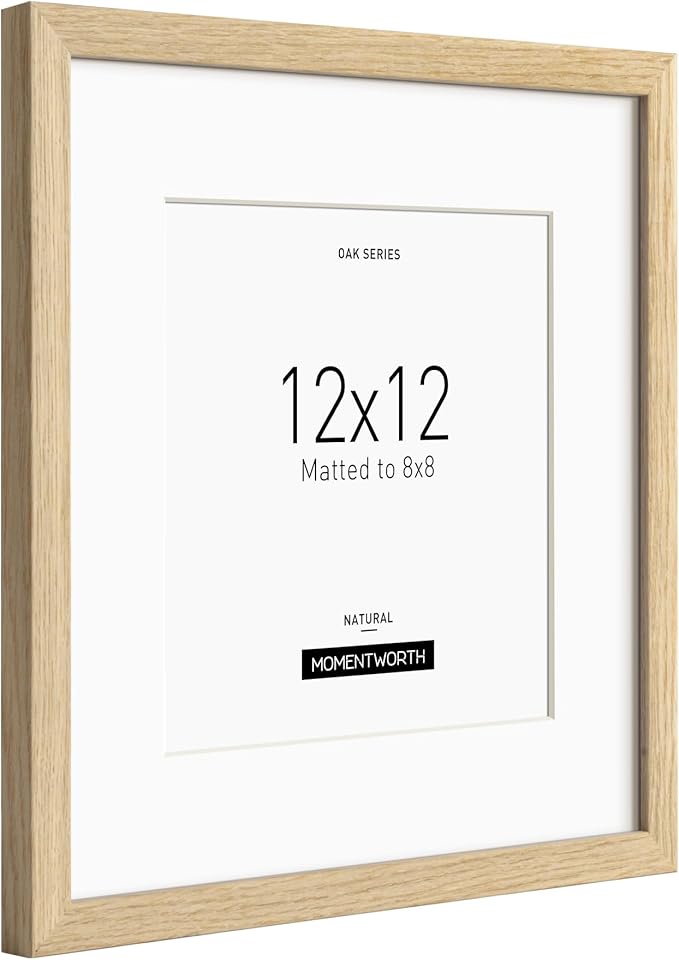 Momentworth 12x12 Frame with Mat for 8x8 set of 3, Solid Oak Wood 12x12 Picture Frame with Tempered Glass for Horizontal & Vertical Wall Mounting(3 Pack,Oak)