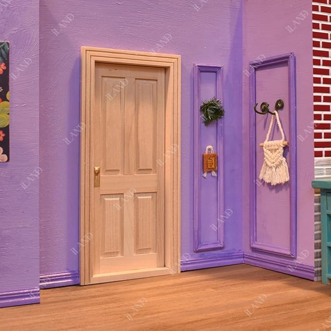 iLAND Wooden Dollhouse Door of 1/12 Scale Accessories, Dollhouse Building Materials, Classic 4-Pannel Miniature Door w/Trims & Doorknob & Key (Classic 4-Pannel Door)