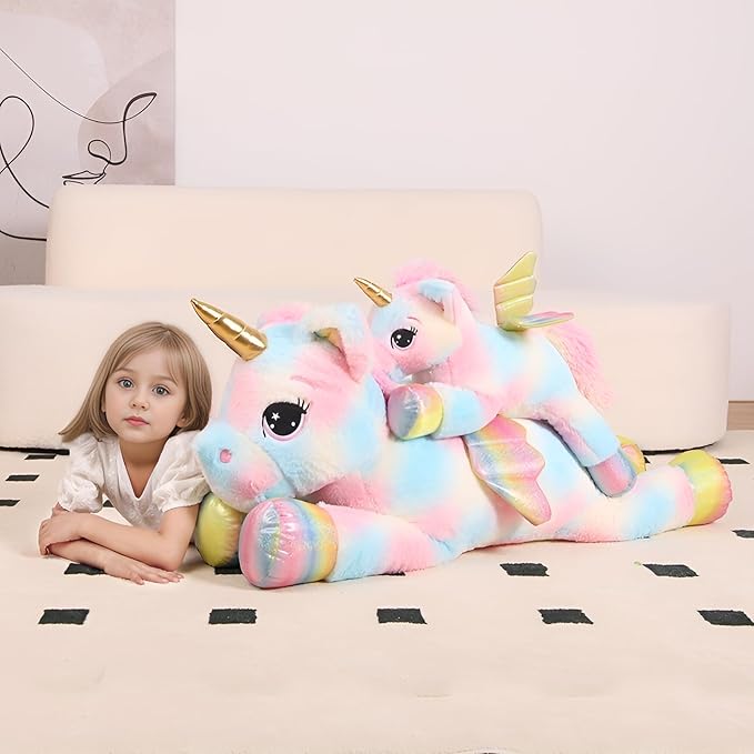 44 Inch Giant Color Unicorn Stuffed Animal Pillow, Cute Soft Big Unicorn with Rainbow Wings Large Plush Toy, Gifts for Girlfriend Girl Boy Kids Christmas Birthday Valentines