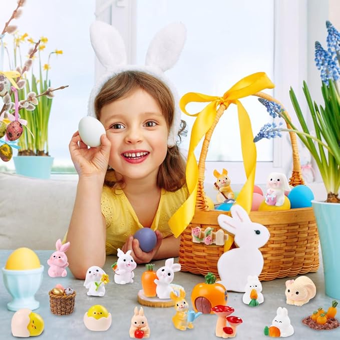 42 Pcs Easter Mini Resin Figurines, Miniature Sculptures Small Farm Bunny Chick Fairy Garden Decor for Dollhouse Easter Egg Fillers Party Favors Supplies DlY Landscape Terrarium