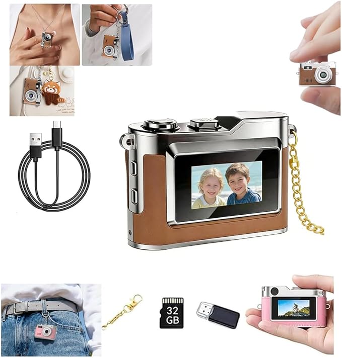 Mini Keychain Camera,1080P Retro Digital Camera,0.96'' Display with camera keychain and Flash,Retro Small Portable,The Pocket Cameras for Travel Party or Valentine's Day Gift for Best Friends(32g-Bra)