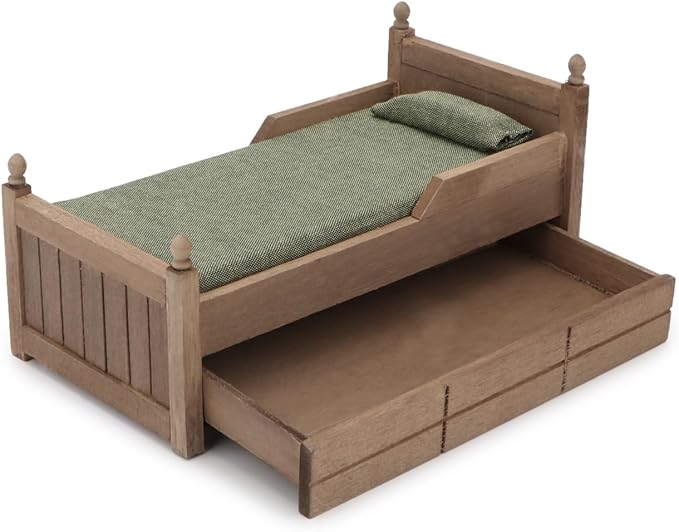 Dollhouse Miniature Bed with Drawer 1:12 Wooden Furniture European Bedroom Bedding Furniture Accessories with Pillow & Mattresses Vintage Floral Fabric Mini House Decoration (Brown)