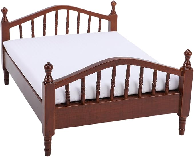 Diydeg Wooden Doll House Bed, 1: 12 Scale Dollhouse Miniature Furniture Vintage Wooden Bed with Bedding, DIY Scene Doll Home Furniture Craft Accessoreis