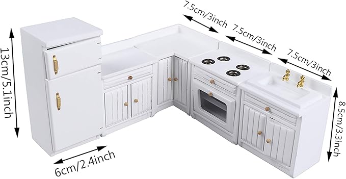Dollhouse Kitchen Furniture Kit 1:12 Doll House Miniature Suite Wooden Kitchen Cabinet Fridge Set Dining Room for Miniature Dollhouse Furniture Scenes Accessories