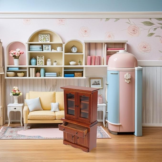 Toyvian 1 12 Miniature Dollhouse Furniture Cabinet Wooden Bookshelf with Drawer for Dollhouse Bedroom and Living Room D Cor Accessories
