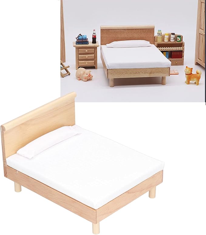 Dollhouse Double Bed, Wooden Frame Oak Miniature Furniture, Decorative Pillow Plush Toy Pillows, Miniature Bedroom Furniture for 1/12 Scale Dollhouse