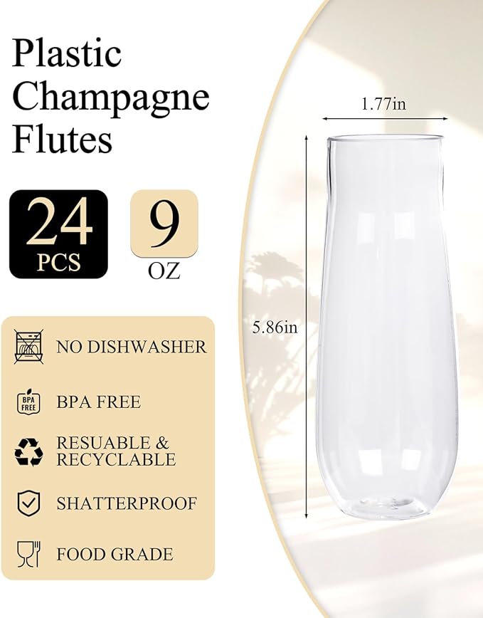 Ciaell 24 Pack Plastic Champagne Flutes - 9 Oz Disposable Champagne Glasses - Stemless Mimosa Glass for Parties & Weddings & Birthdays