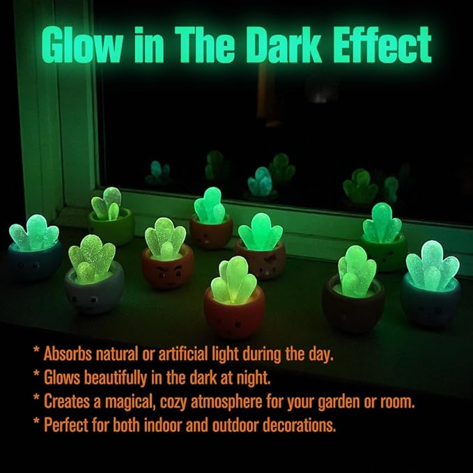 24 Mini Cactus Figurines Resin Plants Glow Dark Figures – Potted Cute Ornaments, Glowing Hidden Tiny Cacti Used for Garden Landscape, Aquarium Decoration, Luminous Micro Home Outdoor Plant Sculptures