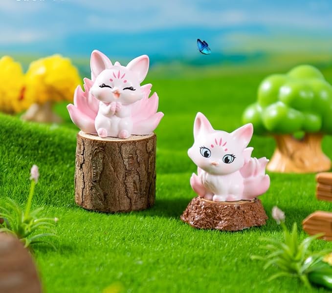 7 Pcs Miniature Fox Figurines with Realistic Tree Round Table and Chairs - Forest Theme Resin Fairy Garden Furniture Set for Dollhouse Accessories, Micro Landscapes, DIY Crafts & Home Decorations