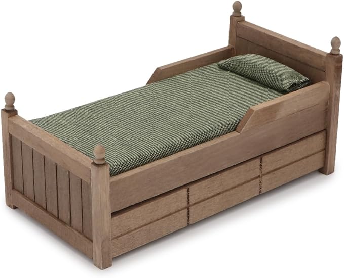 Dollhouse Miniature Bed with Drawer 1:12 Wooden Furniture European Bedroom Bedding Furniture Accessories with Pillow & Mattresses Vintage Floral Fabric Mini House Decoration (Brown)
