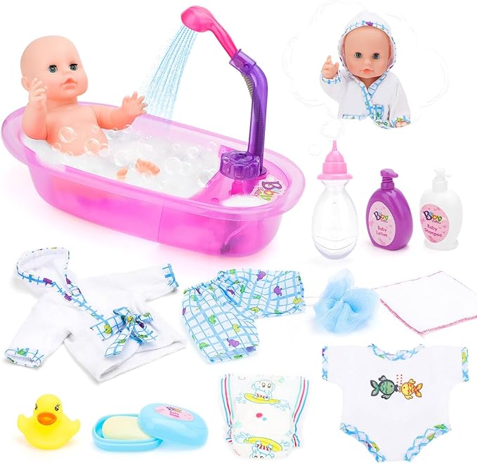 deAO Baby Doll Set,13 Inch Bath Time Baby Doll Playset with Working Shower Spray and Accessories for Kids,Baby Doll and Accessories with Bath Set, Great Pretend Play Toys for Girls