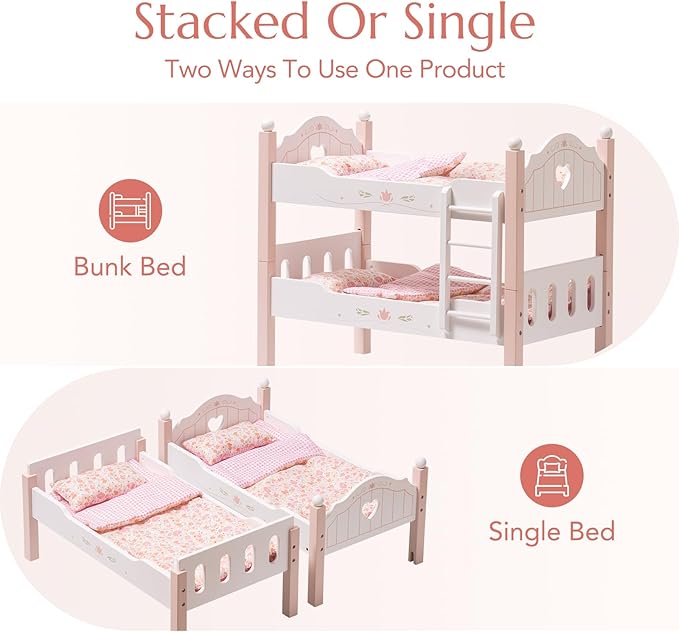 ROBOTIME Baby Doll Bunk Beds, Wooden Baby Doll Crib, Stackable Doll Bed Toy, High18 inch Dolls Furniture Fits American Girl 3+ (Pink, 2 Pcs Beds)