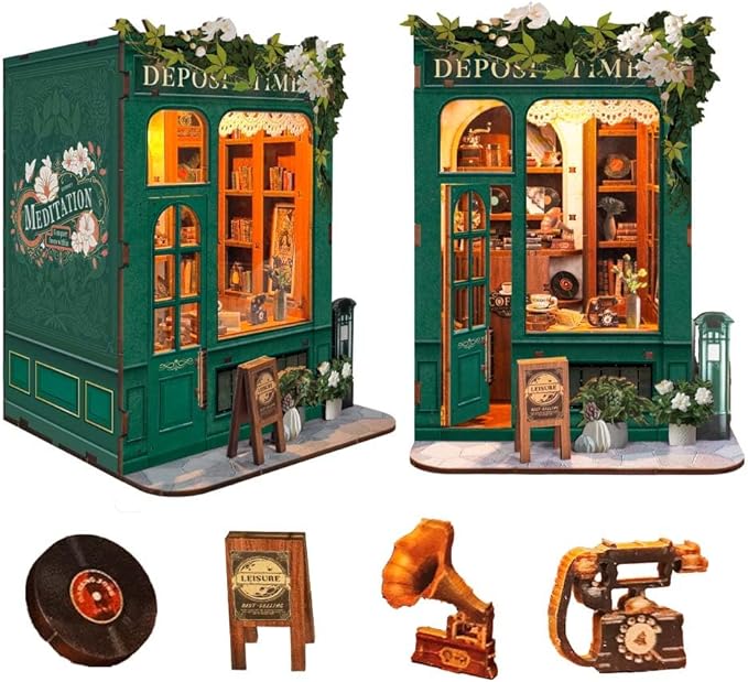 Book Nook Kit for Adults 3D Puzzle Miniature House Kit for Women Craft Lovers Booknook Bookshelf Decor DIY Model Kit with LED Light-Moments in Time(SQ-45)