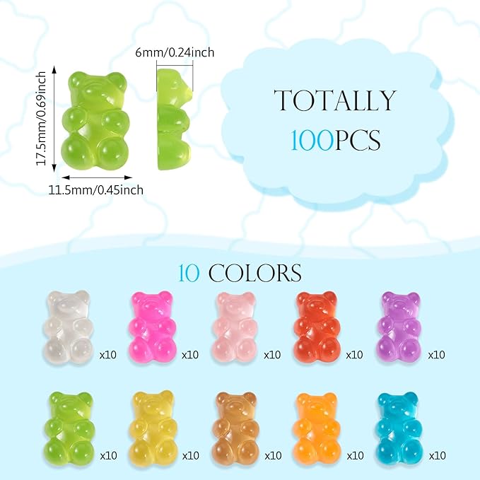 Beadthoven 90pcs Luminous Gummy Bears Beads Flatback Buttons No Hole Glow in The Dark Bear Resin Charms for Jewelry Making DIY Crafts Earrings Ring Hair Clip Accessories Decoden Phone Case Decoration