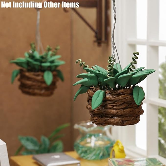 Odoria 1/12 Miniature Hanging Plants Mini Tiny Potted Plant Miniatures Dollhouse Decoration Accessories Doll House Accessory, 2Pcs Dark Green