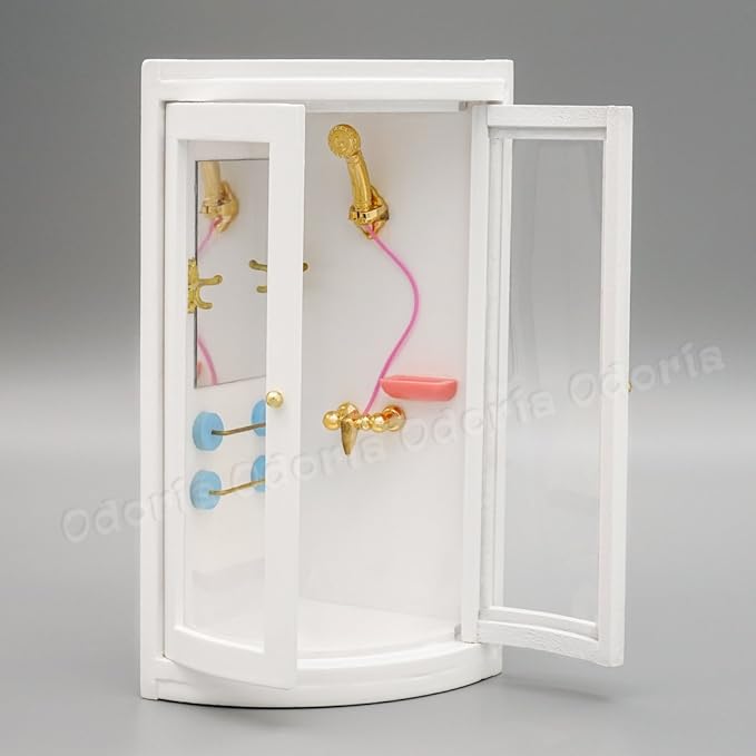 Odoria Dollhouse Shower Enclosure Miniature: 1/12 Scale Shower Room Corner for Modern Bathroom - Mini Wood Furniture White