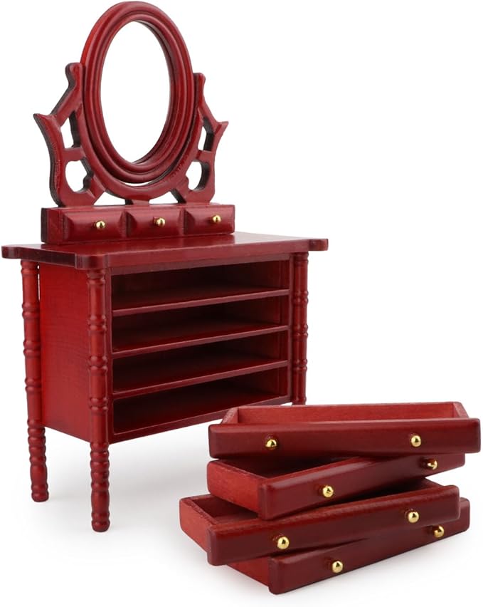 Dollhouse Furniture Dressing Table Miniature Vanity Set with Drawers No Deformation Handy Mini Dressing Table (Red)
