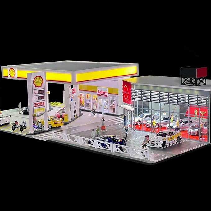 1/64 Scale Shell Gas Station Building Scene Model, Gas Station Architecture Scene, DIY Miniature Building Model for Teens (Cars & Figures Not Included)