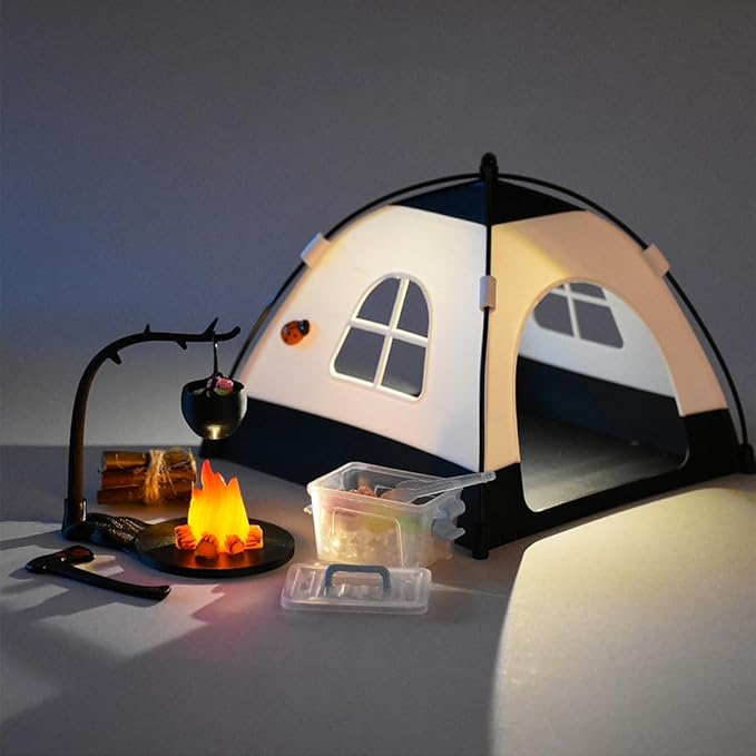 1/12 Scale Mini Realistic Camping and Picnic Model Set, Food-Play Props, Prentend-Play Accessory Set (Green Tent + Light + Ladybug + Picnic Food Items/Light-Up)
